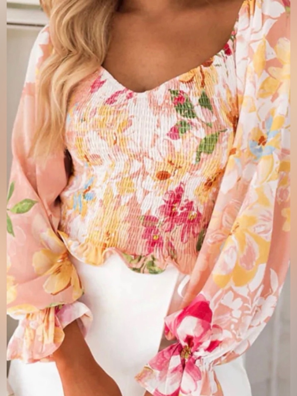 Flying Tomato Pink Floral Smocked Crop Top with Long Puff Sleeves